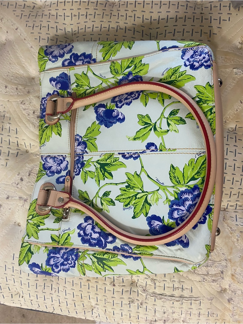 Tignanello Blue & Green Floral Leather Tote with Pink-Tan Handles